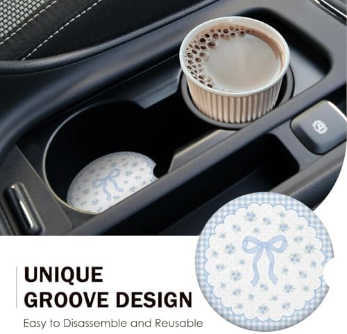 Blue Bow Car Coasters for Cup Holders Set of 2 Floral Absorbent Ceramic Cup - Image 7