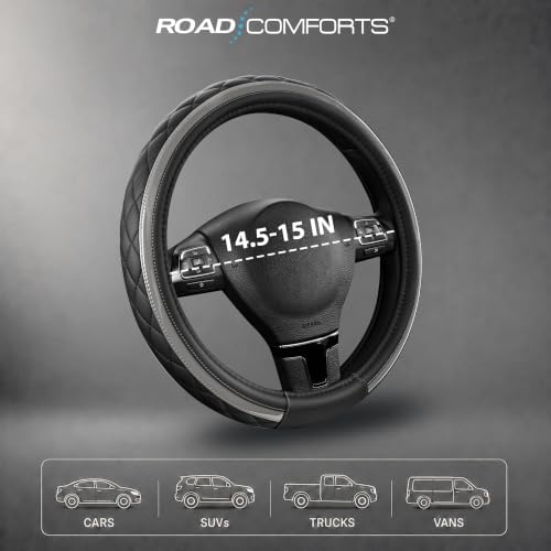 Road Comforts Leather Steering Wheel Cover – Black & Gray, Universal Fit - Image 7