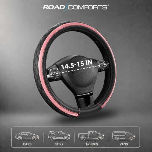 Road Comforts Leather Steering Wheel Cover – Black & Pink, Universal Fit - Image 7