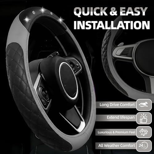 NBTEPEM 6 PCS Bling Grey Car Accessories Set, Leather Grey Steering Wheel - Image 2