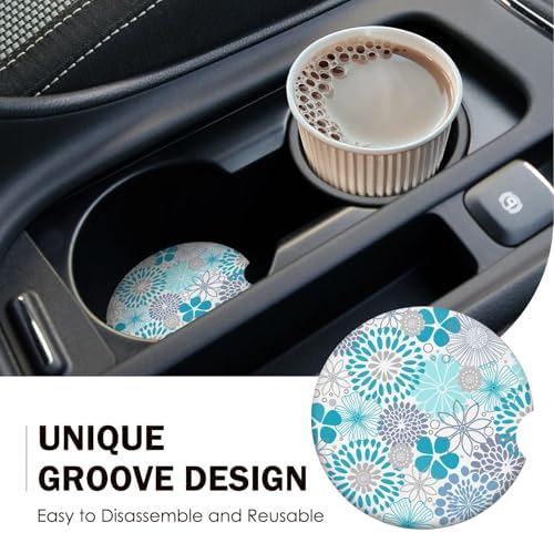 Blue Floral Car Coasters for Cup Holders Set of 2 Bohemian Absorbent Ceramic - Image 7