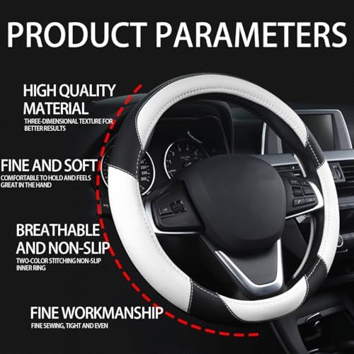 BESULEN 15 Inch Steering Wheel Cover Soft Leather Protector Black/White - Image 6