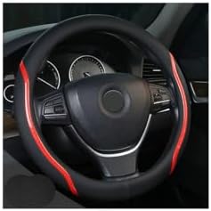 Steering Wheel Cover Black and Red Leather Universal 14.5-15 inch by Muamos