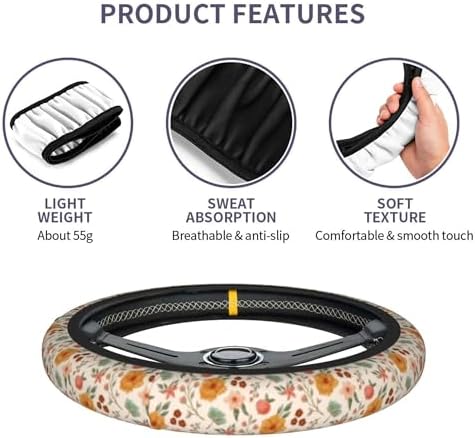Retro Floral Steering Wheel Cover Set + 2 Flower car Coasters, 15 Inch - Image 3