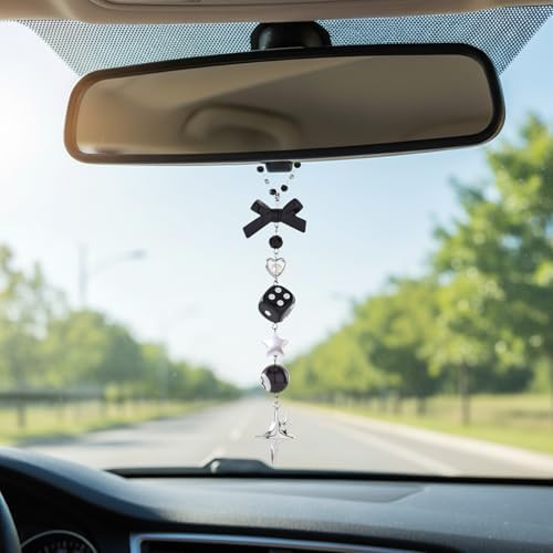 Black Bow Car Mirror Chain Y2k 8 Ball Star Beaded Hanging Charm - Image 3