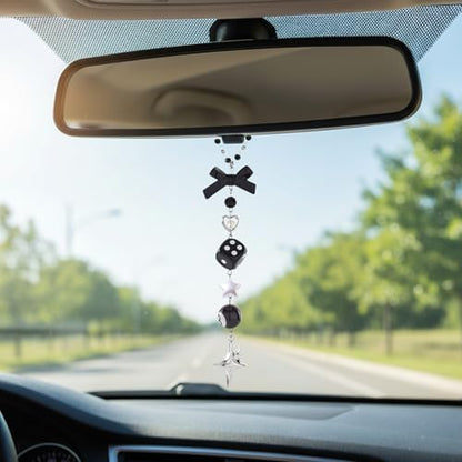 Black Bow Car Mirror Chain Y2k 8 Ball Star Beaded Hanging Charm - Image 3