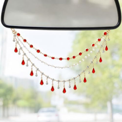Triple Layer Water Drop Zircon Boho Rear View Mirror Charm Red Car Hanging - Image 3