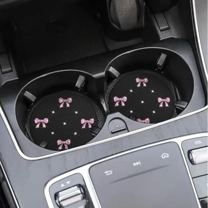 2PCS Car Coasters Rhinestone Bow Cup Holder Pad Anti-Slip Pink - Image 5