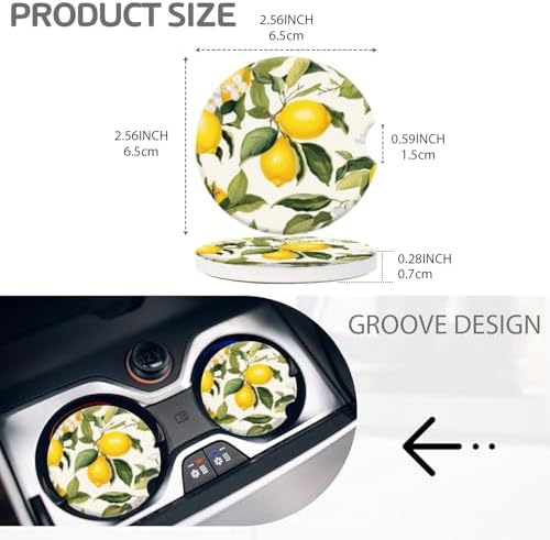 Cup Holder for Car, Lemons and White Flowers Ceramic Coasters Non-Slip Cup - Image 3