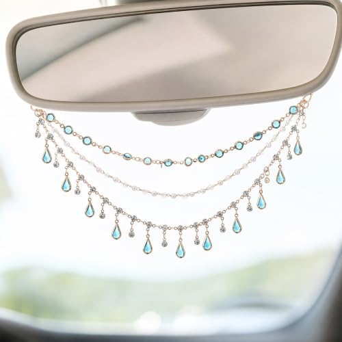 Triple Layer Water Drop Zircon Boho Rear View Mirror Charm Blue Car Hanging - Image 4