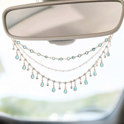 Triple Layer Water Drop Zircon Boho Rear View Mirror Charm Blue Car Hanging - Image 4
