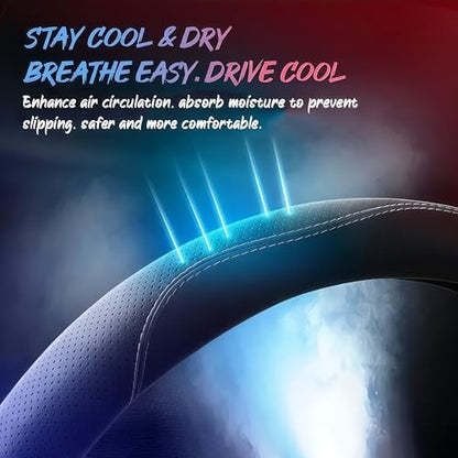 Leather Car Steering Wheel Cover, Tricolor Sporty Style, Breathable - Image 2