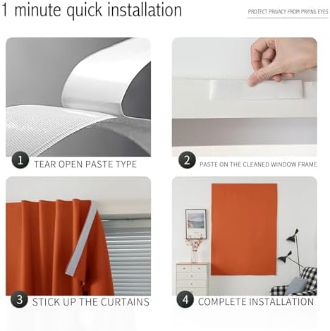 Thermal Blackout Curtains with Self-Adhesive Tape, No Rod No Drill Easy Install - Image 4