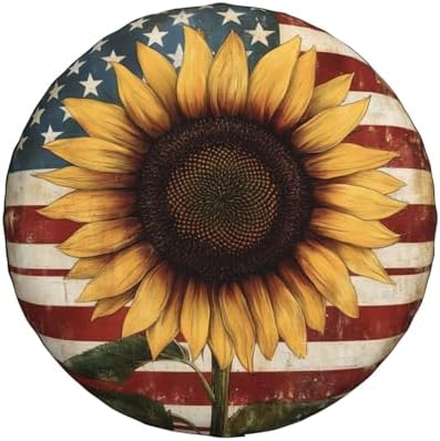 Spare Tire Cover for RV Camper, Retro American Flag Sunflower Tire Cover by Unknown