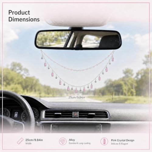 Rear View Mirror Charm Crystal Double Chain Silver Pink Car Decor - Image 2