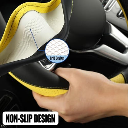 Black Yellow Microfiber Leather Steering Wheel Cover 15 inch - Image 4