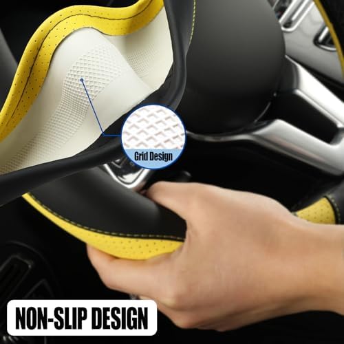 Black Yellow Microfiber Leather Steering Wheel Cover 14 inch - Image 4