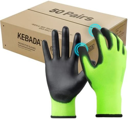 Kebada W1 Safety Work Gloves for Men & Women, 50 Pairs Bulk Pack, PU Coated by KEBADA
