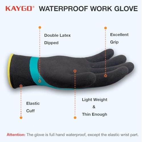 KAYGO Waterproof Work Gloves, Non-Slip Double Latex Coated - Image 2