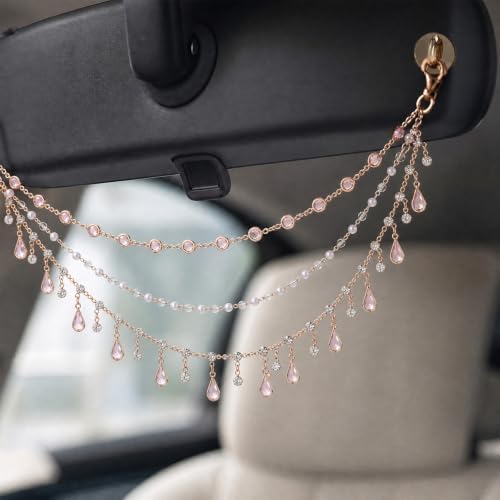 Triple Layer Water Drop Zircon Boho Rear View Mirror Charm Pink Car Hanging - Image 3