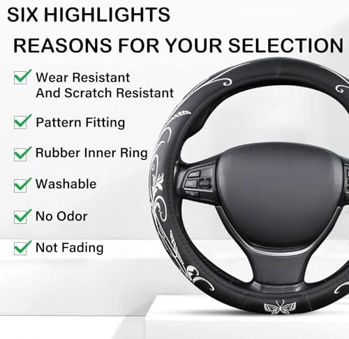 White Embroidery Butterfly Car Steering Wheel Cover, 14.5-15 Inch Universal - Image 3