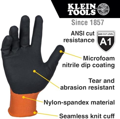 Klein Tools 60581 Work Gloves, Knit Dipped Cut Resistant ANSI A1 Nitrile Coated - Image 2