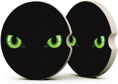 Black Cat Green Eyes Car Coasters, Dark Spooky Gothic Cup Holders by Unknown