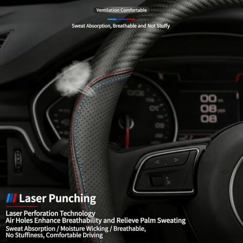 Microfiber Leather Steering Wheel Cover, D-Shape Carbon Fiber Two-Tone Wire Trim - Image 4