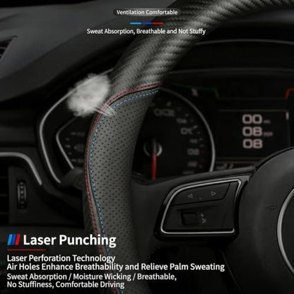 Microfiber Leather Steering Wheel Cover, D-Shape Carbon Fiber Two-Tone Wire Trim - Image 4