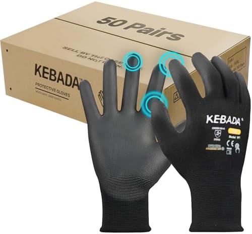 Kebada W1 Safety Work Gloves for Men & Women, 50 Pairs Bulk Pack, PU Coated by KEBADA