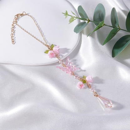 Butterfly Crystal Car Charm Lily Flower Beaded Mirror Hanging - Image 4
