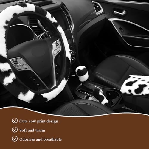 4 PCS Cow Print Car Accessories Set, Cute Cow Print Plush Wheel Shift Knob - Image 4