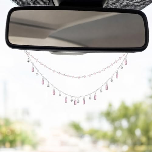 Rear View Mirror Charm Crystal Double Chain Silver Pink Car Decor - Image 4