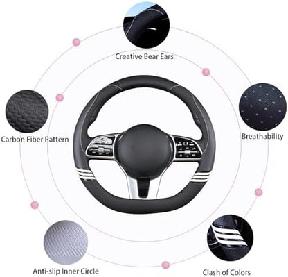 15 inch Cute Leather D Shape Steering Wheel Cover Black - Image 5