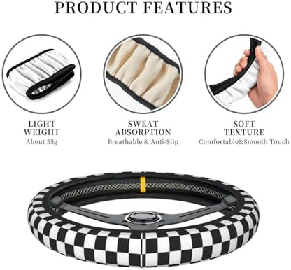 Black and White Checkered Steering Wheel Cover Rubber Anti-Slip 14.5-15 Inch - Image 6