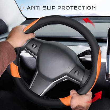 Coverado Car Steering Wheel Cover, Nappa Leather Black & Orange Steering Wheel - Image 3