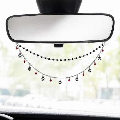 Double Chain Skull Gothic Witch Rear View Mirror Charm Halloween Car Decor - Image 4