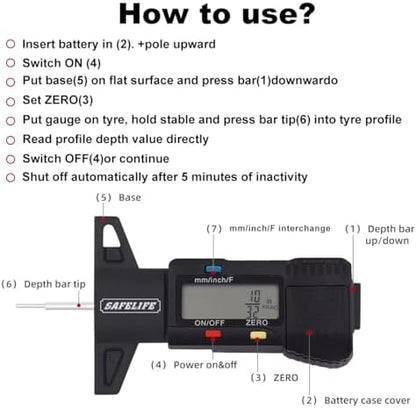 SAFELIFE Digital Tire Tread Depth Gauge, 3 Modes-Fractional Inch, Decimal Inch - Image 5