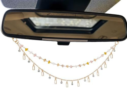 Rear View Mirror Charm Gold Yellow Zircon Double Chain Car Decor by LuneClat