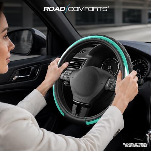 Road Comforts Leather Steering Wheel Cover – Black & Green Universal Fit - Image 3