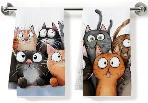 2Pcs Cute Cartoon Cat Kitchen Towels Waffle Soft Dish Hand Towel by ZHAMEN