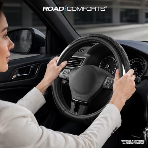 Road Comforts Leather Steering Wheel Cover – Black & Black, Universal Fit - Image 3