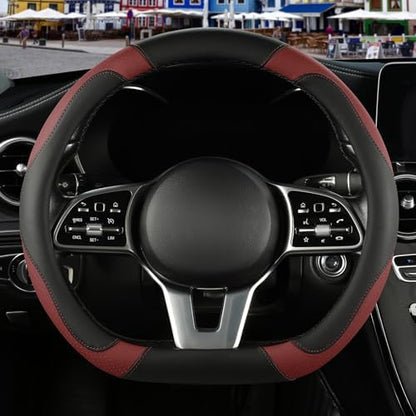 Black Burgundy Microfiber Leather D Shaped Steering Wheel Cover by Binsheo