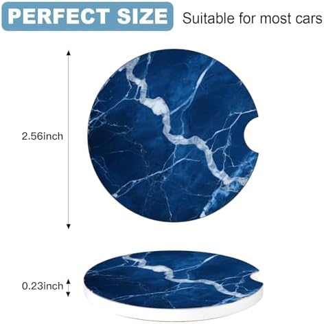 Ceramic Car Cup Holder Coasters Set of 2, 2.56 in Dark Blue Marble - Image 2
