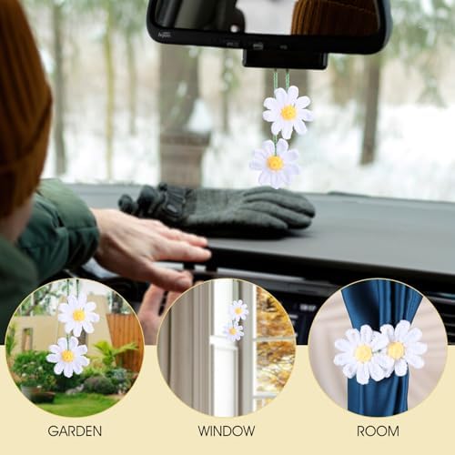 Ymapinc Crochet Car Accessories, Cute Hanging Rear View Mirror Decor Daisy - Image 4