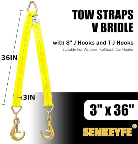3" x 36" Tow Straps Recovery V Bridle Strap w/8" J Hooks T-J Hooks - Image 2