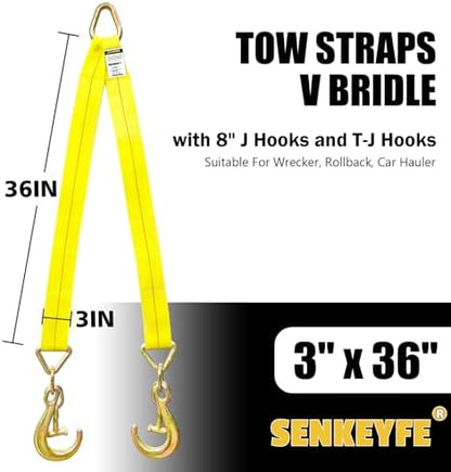 3" x 36" Tow Straps Recovery V Bridle Strap w/8" J Hooks T-J Hooks - Image 2