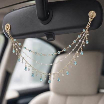 Triple Layer Water Drop Zircon Boho Rear View Mirror Charm Blue Car Hanging - Image 3