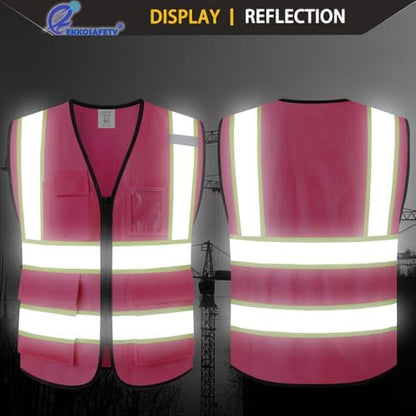 Hi Vis Reflective Safety Vest for Men Women, Hot Pink - Image 6