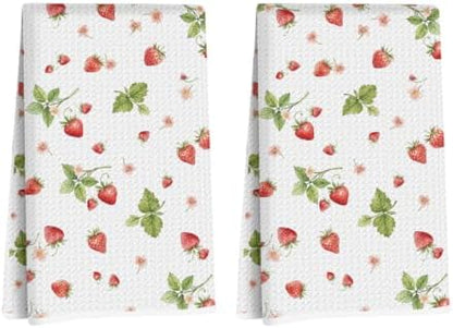 Blue Leaves 2 Pcs Artistic Strawberry Kitchen Towels Tea Towel by Blue+Leaves